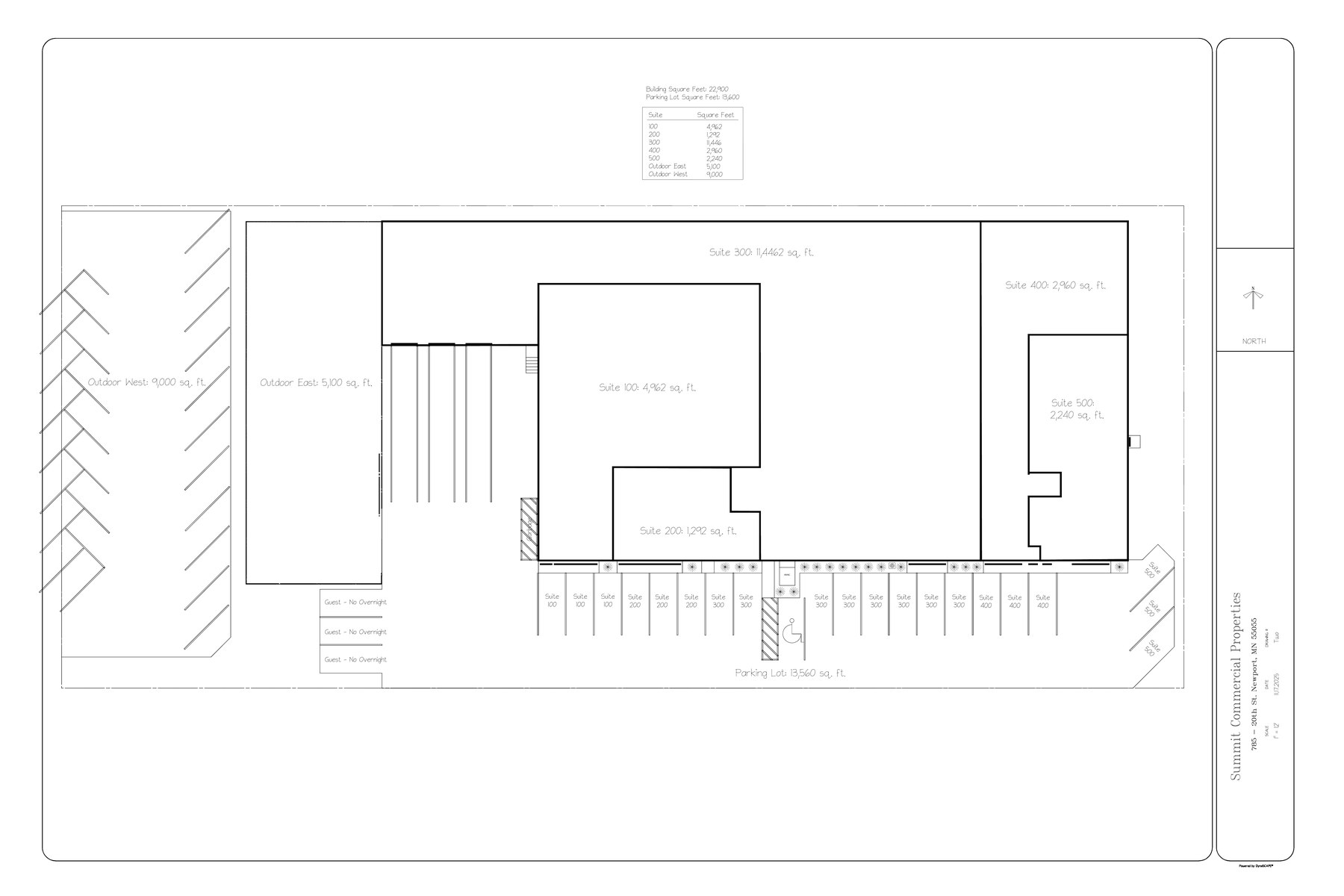 Summit Commercial Properties site plan for 785 20th Street, Newport MN — Suite 100 4,962 SF, Suite 200 1,292 SF, Suite 300 11,446 SF, Suite 400 2,960 SF, Suite 500 2,240 SF, plus outdoor storage and parking